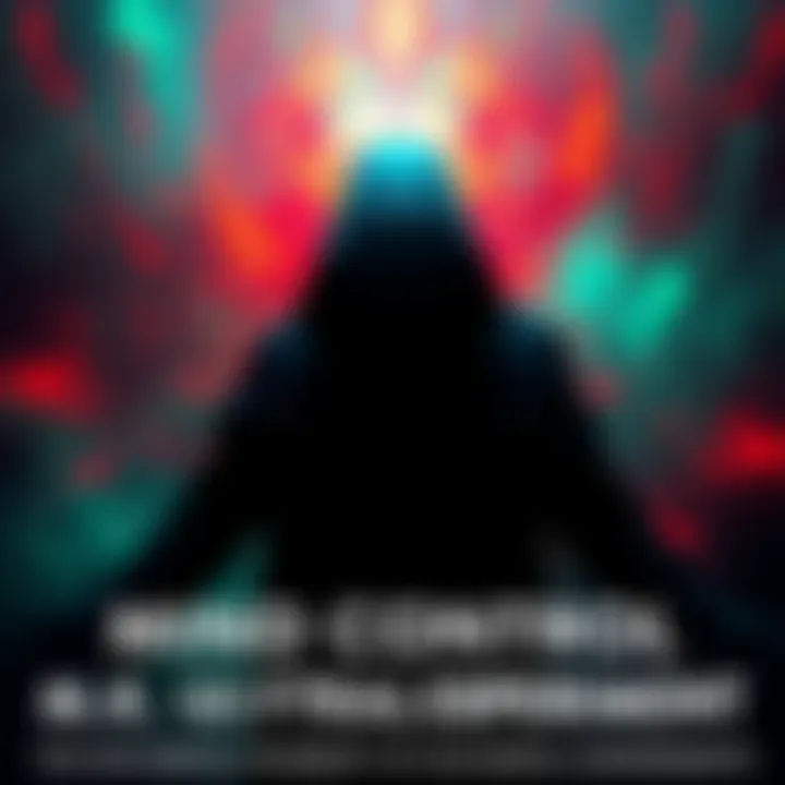 A shadowy figure surrounded by swirling colors and abstract shapes, symbolizing mind control and experimentation.