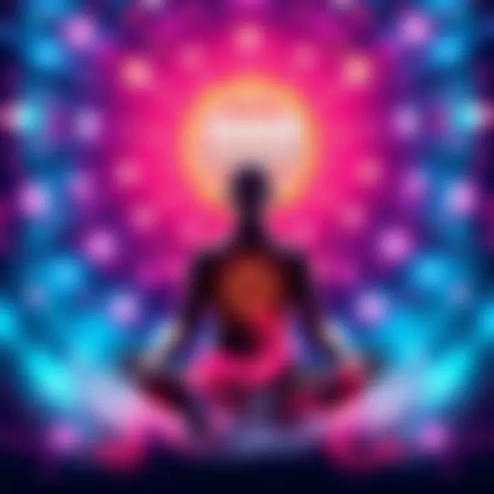 A person meditating with a glowing aura around them, surrounded by colorful light patterns symbolizing conscious expansion.