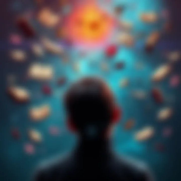 A thoughtful person surrounded by floating books and symbols representing knowledge, illustrating the influence of Mercury and Rahu on curiosity and learning.