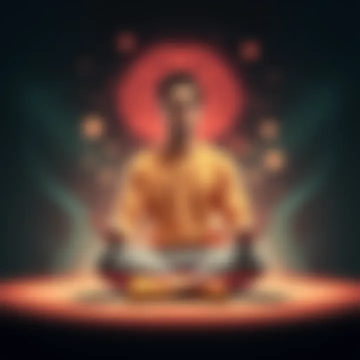 Mind Rewiring Techniques A person sitting cross-legged, focusing on their thoughts with a calm expression, surrounded by soft light and abstract shapes representing the mind.