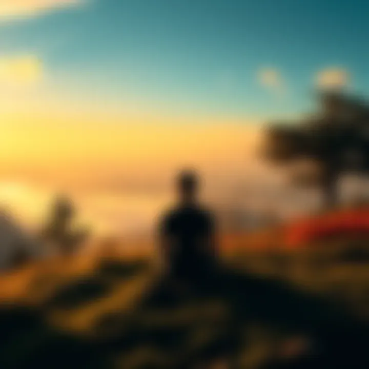 Mind and Self Awareness A serene landscape with a silhouette of a person meditating, surrounded by nature, symbolizing mind and self-awareness.