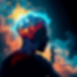 A person contemplating with a background of swirling spiritual symbols and a silhouette representing mental health challenges.