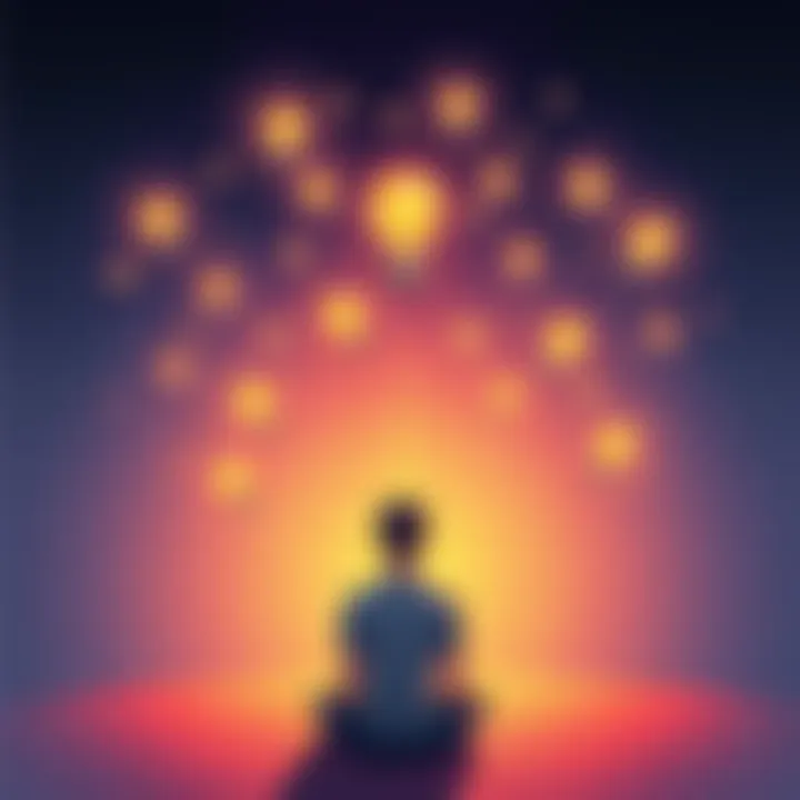 An illustration showing a person sitting in a peaceful setting, reflecting on their thoughts. Light bulbs represent ideas and insights floating above their head.