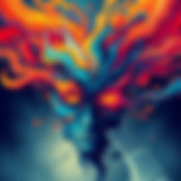 An abstract illustration depicting the struggle between mind and reality, with swirling colors symbolizing internal conflict A visual representation of psychological turmoil featuring vibrant, chaotic patterns that convey a sense of confusion and clarity