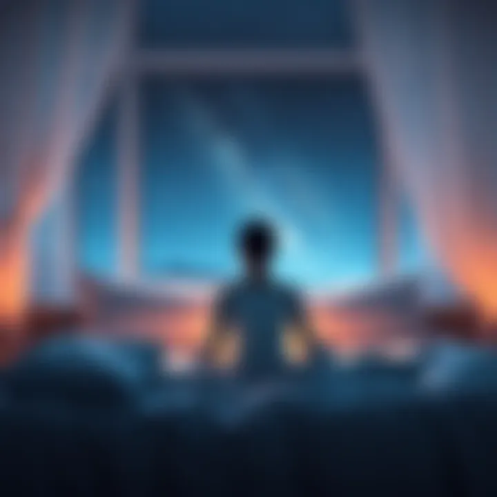 A person meditating peacefully in bed, surrounded by soft pillows, with a calming night sky visible through the window.