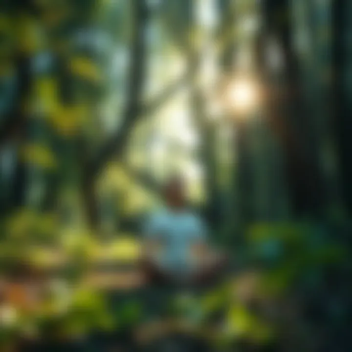 A person sitting peacefully in a forest, eyes closed, practicing mindfulness and connecting with nature, surrounded by greenery and sunlight filtering through the trees.