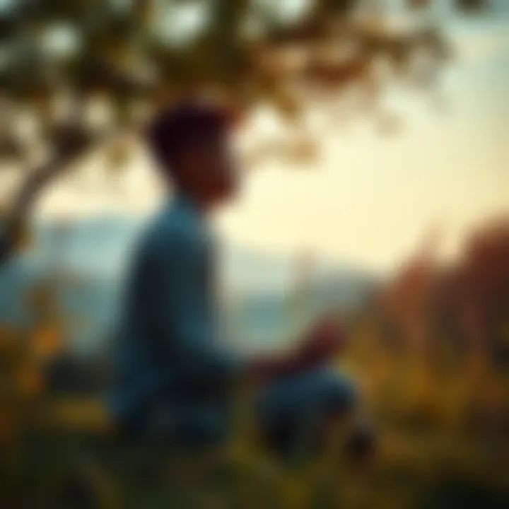 A person practicing mindfulness by sitting calmly in nature, reflecting on their thoughts and surroundings.