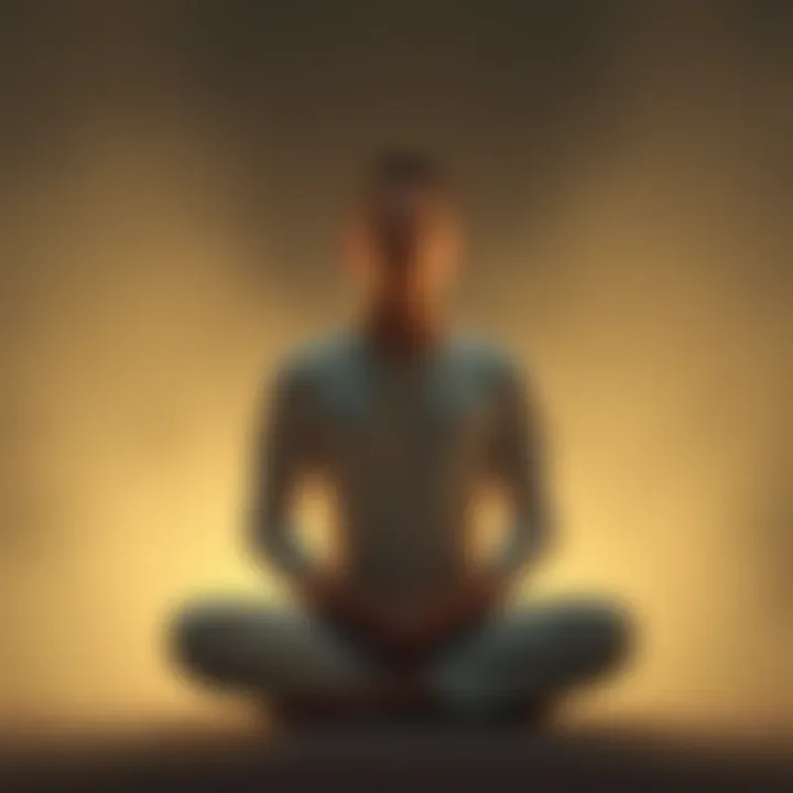 A person sitting cross-legged with eyes closed, practicing thought observation in a peaceful setting. Soft light surrounds them, indicating a calm atmosphere.