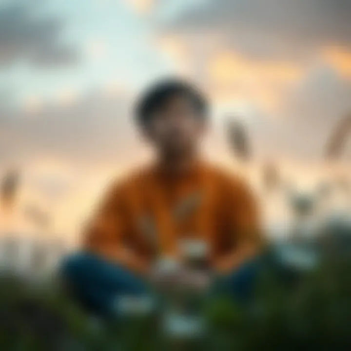 A person sitting in a peaceful setting, contemplating with an expression of focus. Surrounding them are gentle nature elements symbolizing mindfulness.