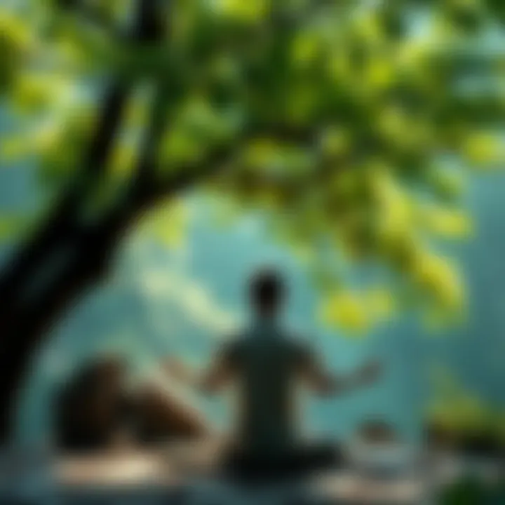 A person meditating in a peaceful environment, surrounded by nature, symbolizing the connection between spiritual growth and material success.