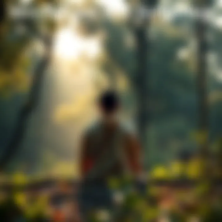 A person sitting in a peaceful nature setting, reflecting on suffering and mindfulness, with soft light filtering through trees.