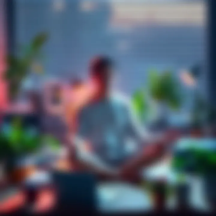 A person meditating at their desk surrounded by plants and a laptop, showing a blend of relaxation and productivity.