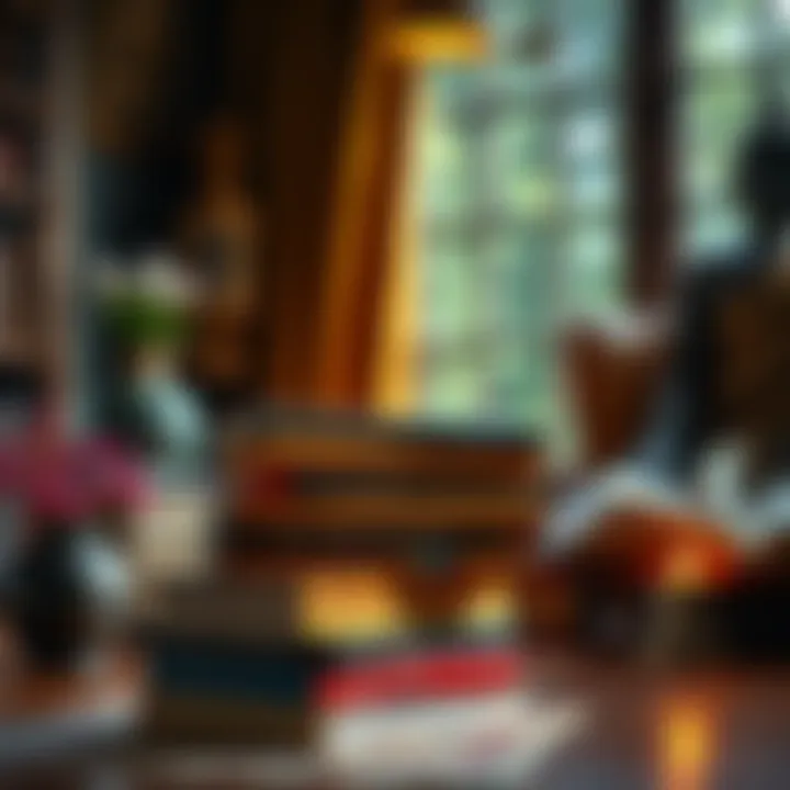 A stack of books related to mindfulness and samadhi with a cozy reading corner background