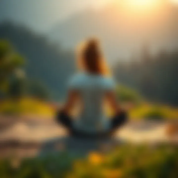 Mindfulness Meditation A person sitting cross-legged on a mat, practicing mindfulness meditation in a serene setting, surrounded by nature.