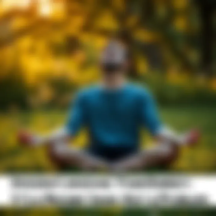 Person practicing mindfulness outdoors Individual sitting cross-legged on grass, eyes closed, surrounded by nature, focusing on breath to regain balance and energy