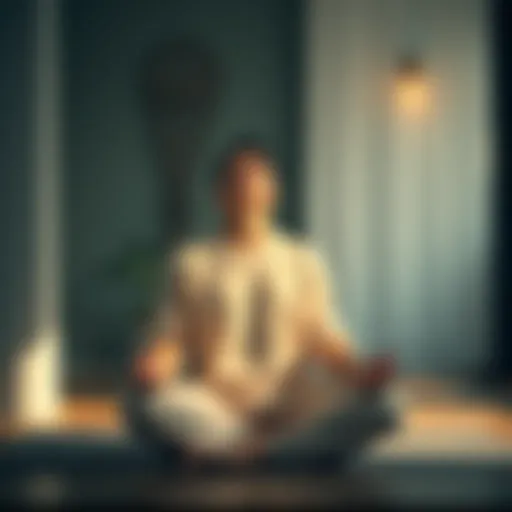 A person sitting cross-legged on the floor, eyes closed, practicing mindfulness in a calm and peaceful environment.