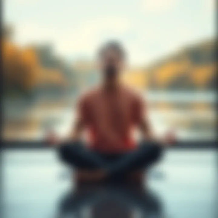 A person sitting cross-legged in a tranquil environment, practicing mindfulness with eyes closed and a calm expression.