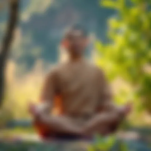 A person meditating outdoors, surrounded by nature, with a peaceful expression, embodying mindfulness