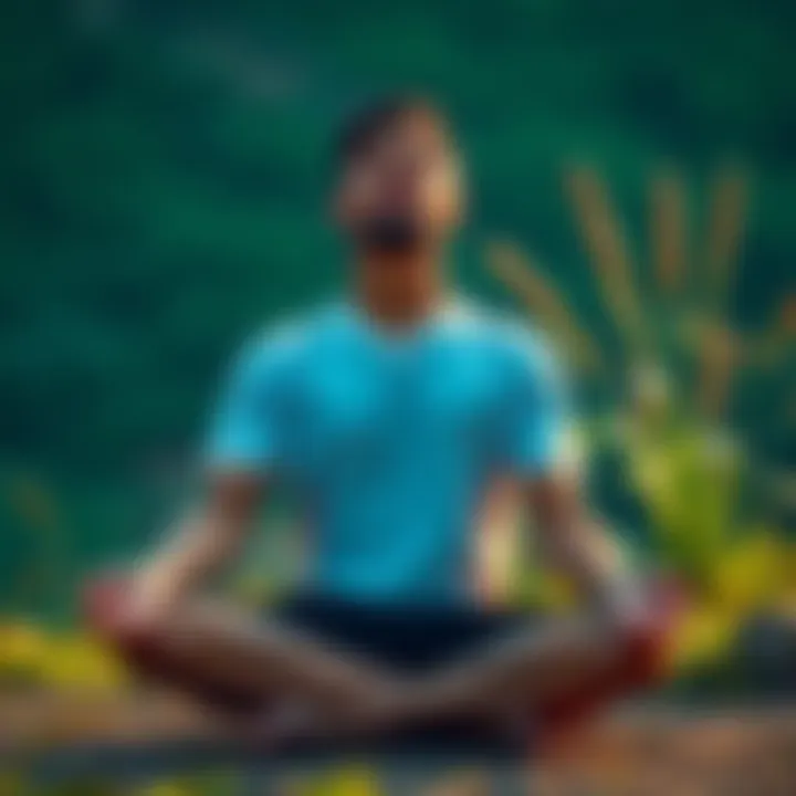 Individual sitting cross-legged, eyes closed, focusing on breathing with a calm expression while surrounded by nature