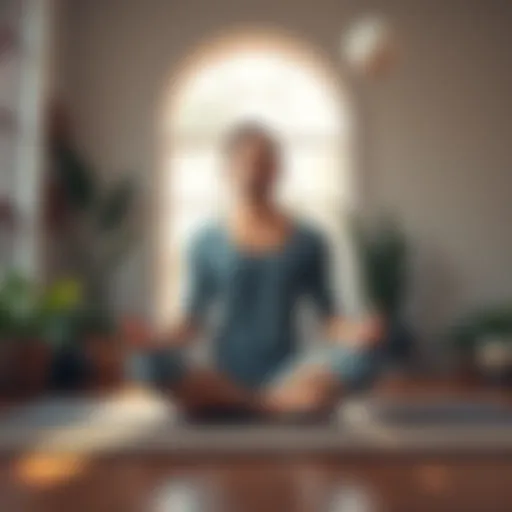 A person sitting cross-legged on a mat, looking calm and focused, with soft natural light filtering through a window, surrounded by plants