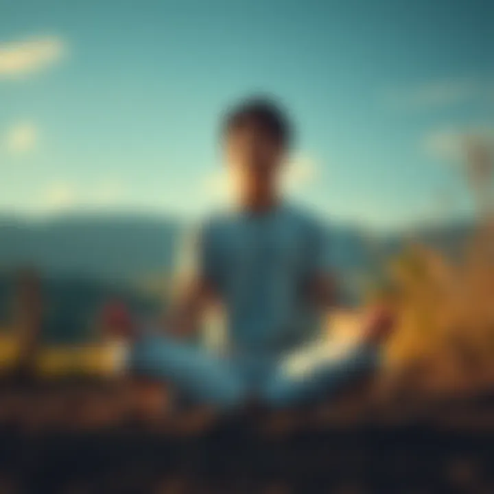 Individual sitting cross-legged on the ground, eyes closed, surrounded by nature, focusing on breath