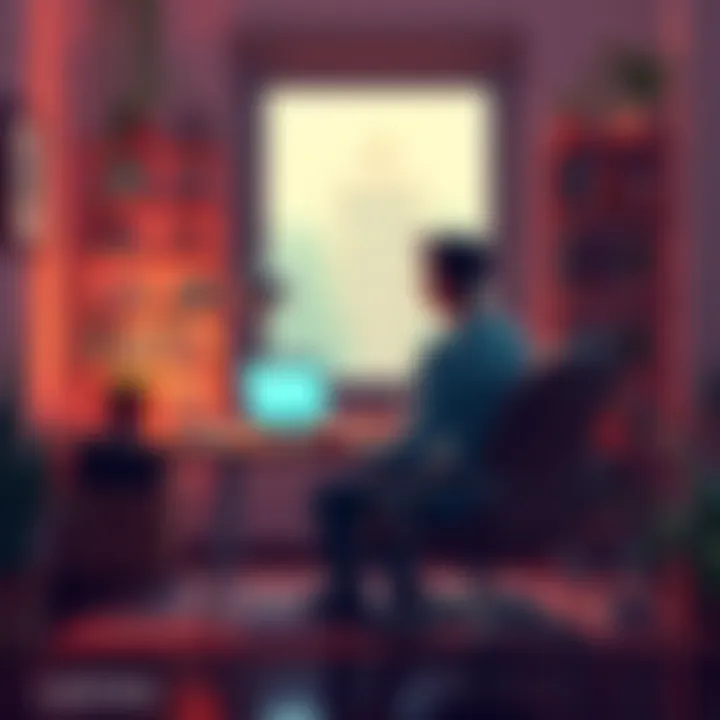 Person practicing mindfulness at a computer Individual sitting at a desk practicing mindfulness while working on a laptop, surrounded by calming elements like plants and a cozy workspace