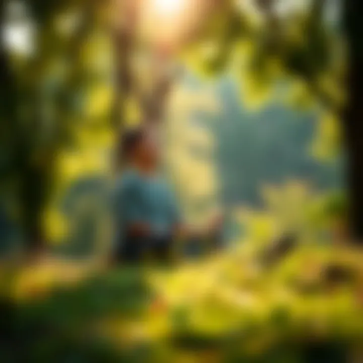 A person meditating peacefully in a serene natural setting surrounded by trees and soft sunlight.