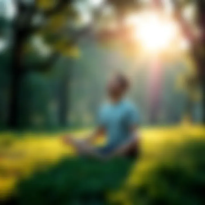 A person sitting cross-legged on the grass with closed eyes, practicing mindfulness in a serene natural setting surrounded by trees and sunlight.