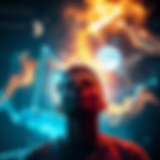 A person exploring their thoughts while dreaming, with abstract images of lucid dreams and astral projections around them.