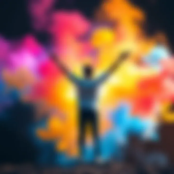 A person standing confidently with arms raised, surrounded by vibrant colors representing positive thoughts and fulfilled wishes.