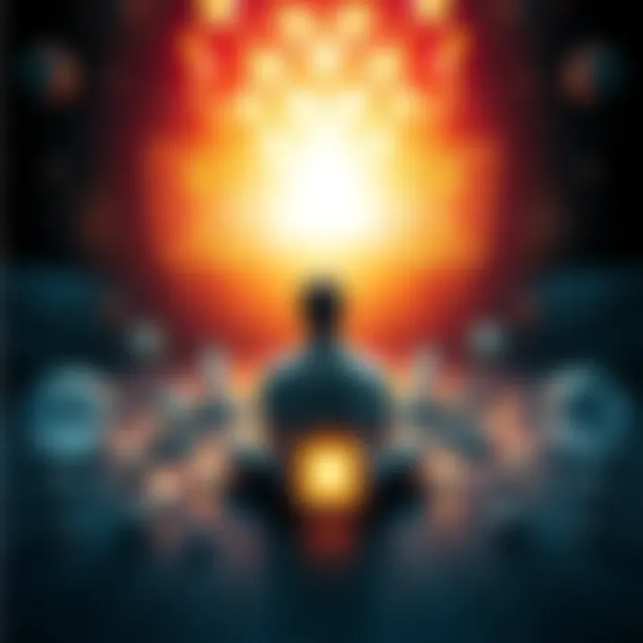 A person sitting peacefully, surrounded by symbols of attraction and assumption, contemplating their desires