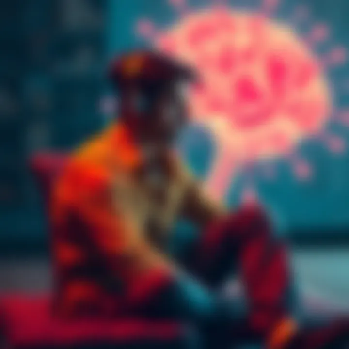 A person sitting in a relaxed position with headphones on, appearing thoughtful about subliminal messages, with a brain graphic in the background illustrating thought processes.