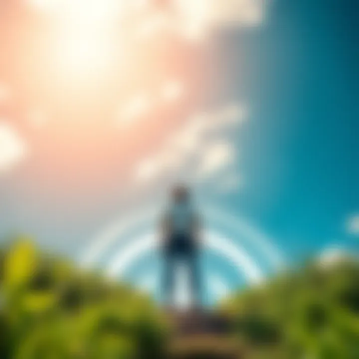 Mindset of Abundance A person standing on a path surrounded by lush greenery, looking up at a bright sky filled with clouds, symbolizing hope and prosperity.