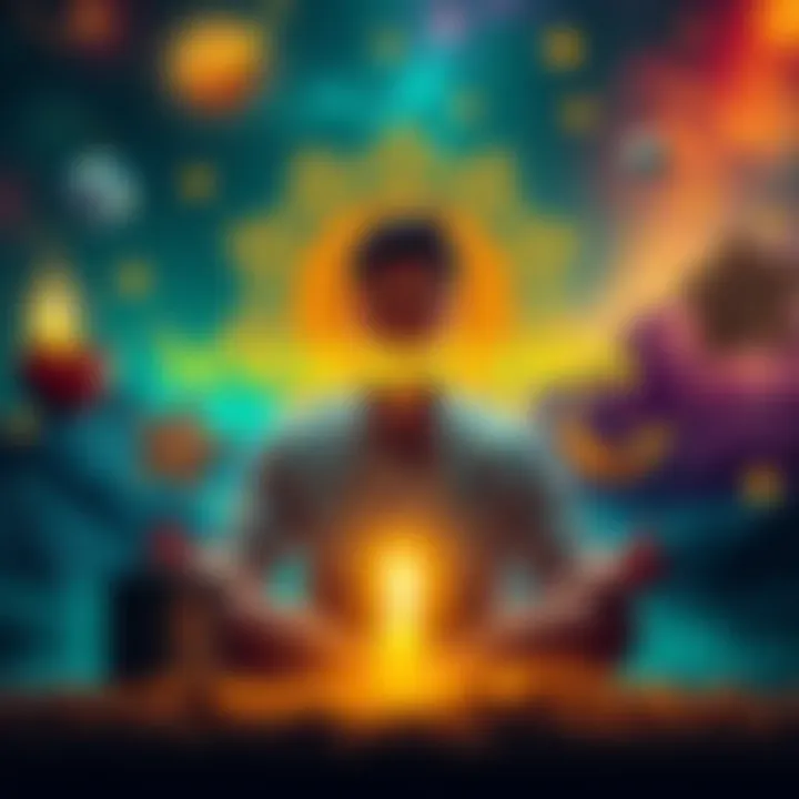 A person meditating with a peaceful expression, surrounded by symbols of abundance and positivity.