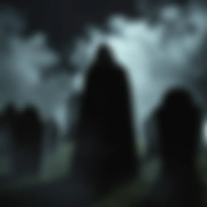 Mineral Point Vampire Scene A shadowy figure resembling a vampire lurks in a dark graveyard at night, surrounded by mist and eerie tombstones.
