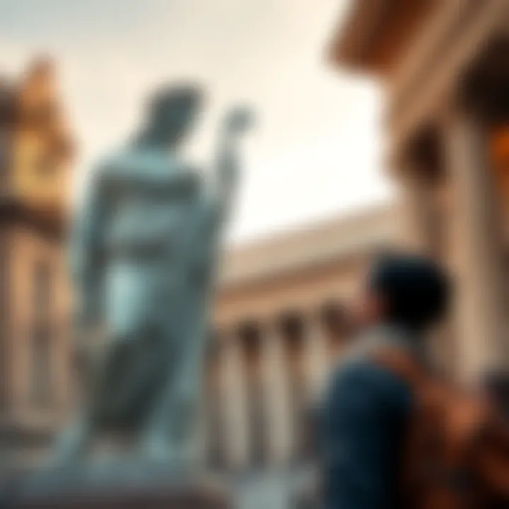 A city dweller confusedly examining a statue believed to be either Minerva or Athena, highlighting the differences between the two deities