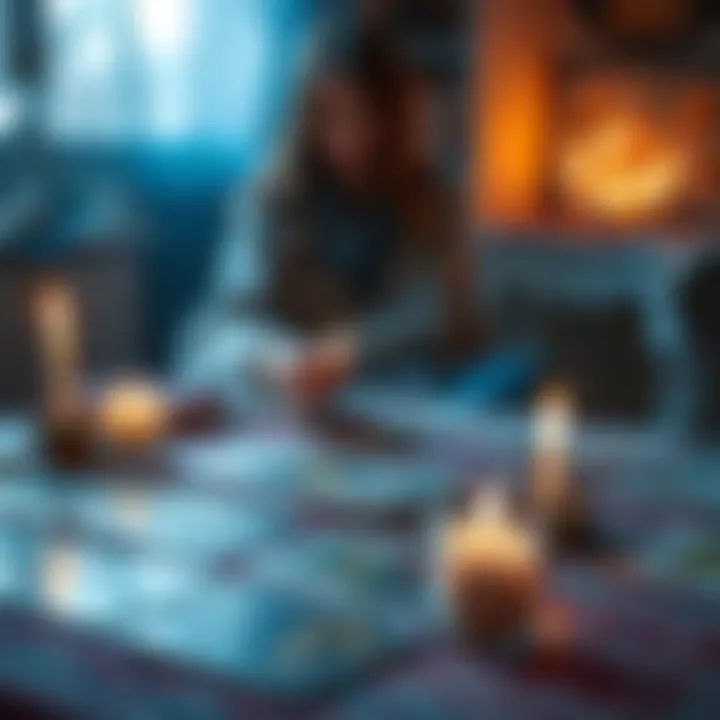 A person receiving a tarot reading from Jordan, featuring tarot cards spread out on a table and candles lit around them.