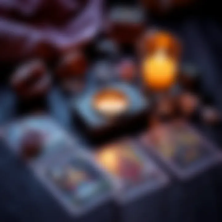 Mini 3 Card Readings Tarot cards laid out for a mini reading session with a candle and crystals