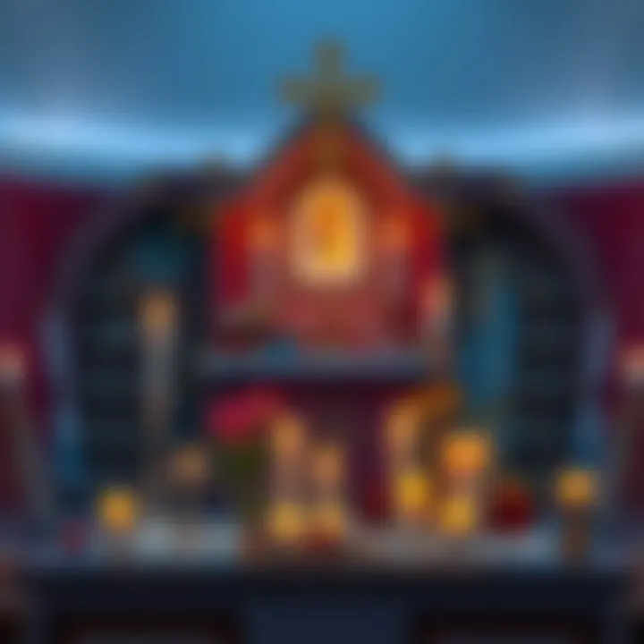A small altar with candles and flowers representing spiritual connection while the main altar is unattended.