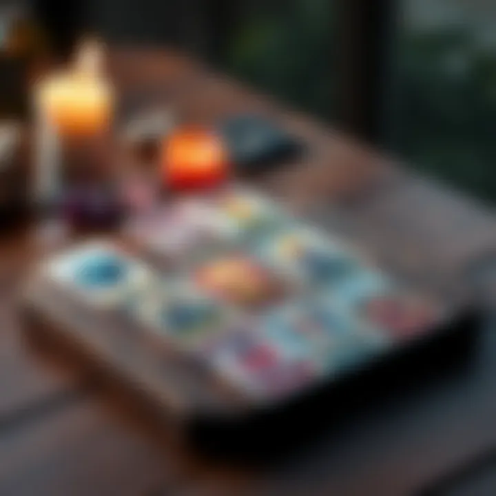 A set of colorful tarot cards arranged on a wooden table, with a candle and crystals nearby, representing emotional clarity in relationships.