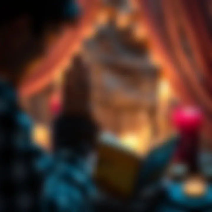 A person receiving a mini reading from a psychic, surrounded by candles and crystals.