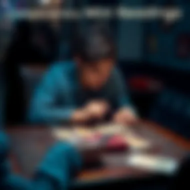 A person sitting at a table with tarot cards, engaged in a mini reading session, looking intrigued and thoughtful