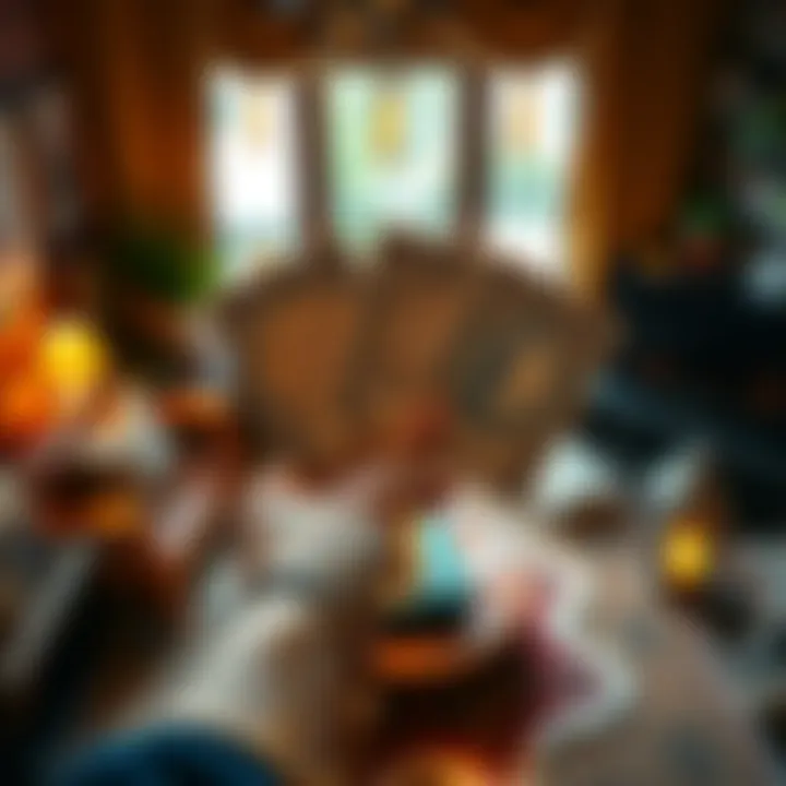 A hand holding three tarot cards with mystical symbols in a cozy setting, inviting people for quick tarot insights.