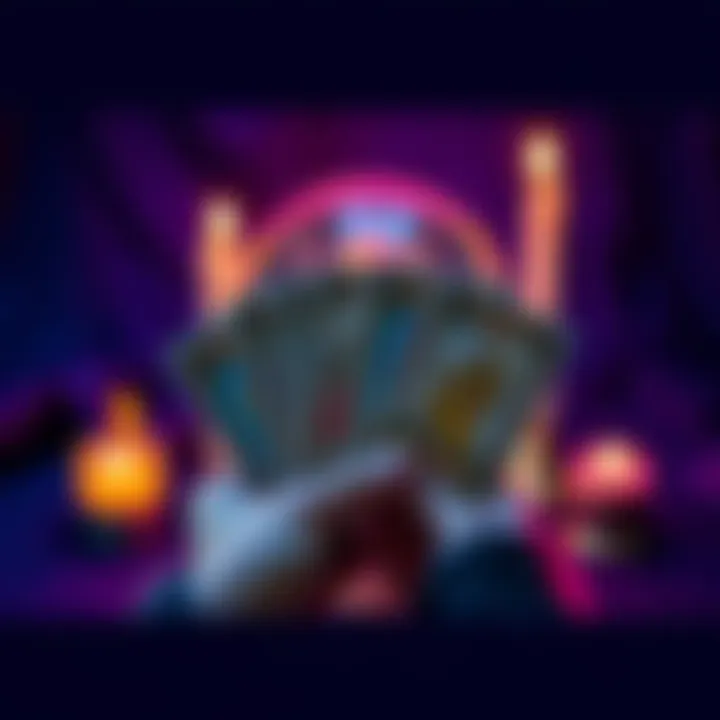 A person holding tarot cards with a crystal ball and candles in the background, representing mini tarot readings