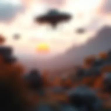 A detailed miniature scene depicting a UAP encounter with floating craft above a landscape.