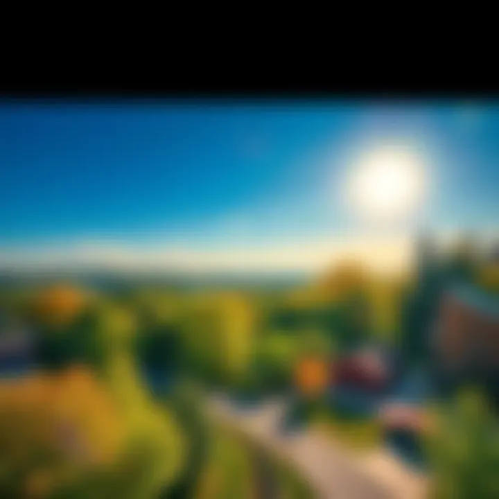 A scenic view of Minnesota's vibrant landscape under sunlight, featuring lush trees, a clear sky, and local attractions in the background.