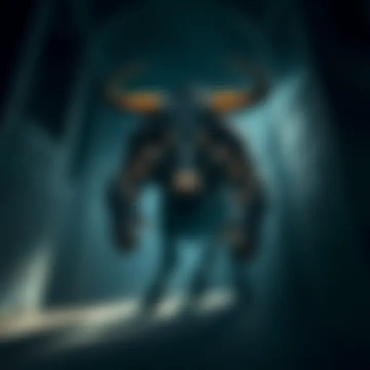 Minotaur in a dark labyrinth A large, menacing Minotaur stands in a dark, winding labyrinth, casting a shadow over the ground. Its muscular body and bull-like head symbolize fear and danger. The atmosphere is tense and eerie, suggesting it is hunting for victims.