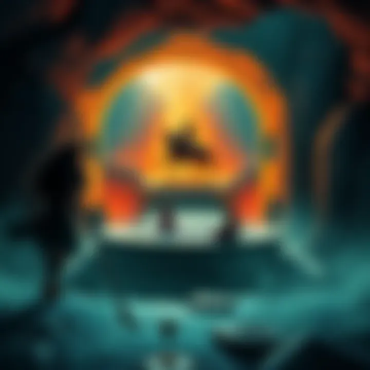 An artistic representation of the Minotaur's Labyrinth with Daedalus, Minos, and Ariadna illustrated in the background, symbolizing their roles in the narrative.