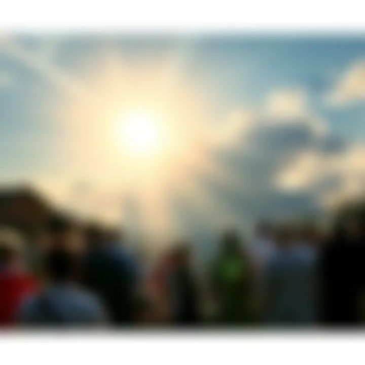 People watching the sun phenomenon in Medjugorje, with bright light shining and clouds in the sky