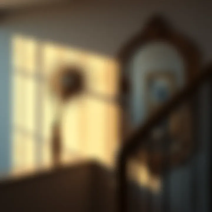 A large decorative mirror is placed beside a stair landing, reflecting the surrounding area, enhancing the space's light and style.
